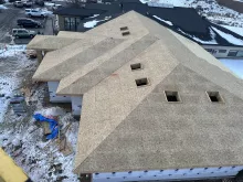 BLU-D Framing aerial view of fully sheathed hip roof lines at Pocatello Children's Clinic